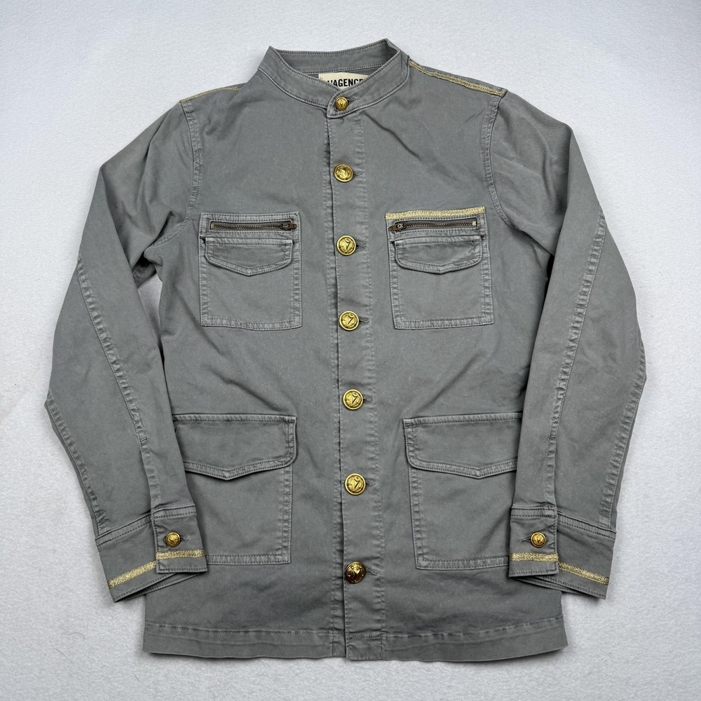 L'AGENCE Jacket Womens Small Gray Military Twill Gold Button Utility Epaulet